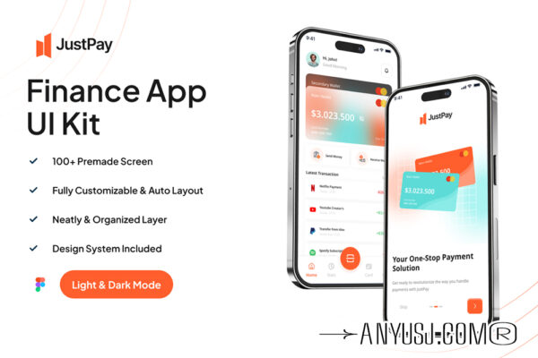 50+现代极简银行卡金融业务转账手机APP应用程序UI设计套件JustPay – Transfer App
