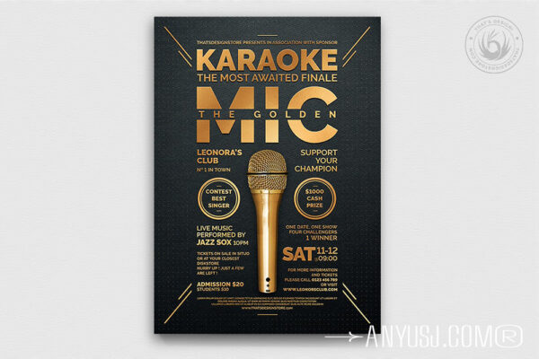1款复古歌唱歌手演讲主持人比赛金话筒卡拉OK演唱会演出PSD海报排版设计源文件Karaoke Flyer Template V8