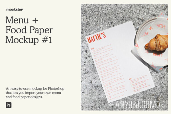 极简质感面包店烘焙店餐厅菜单牛角包包装纸PSD样机Menu + Food Paper Mockup #1-第6449期