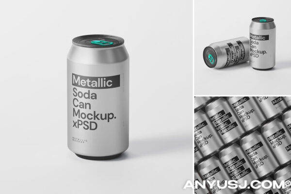 3款极简质感金属苏打水汽水罐可乐罐易拉罐包装设计展示PSD样机Metallic Soda Can Mockup