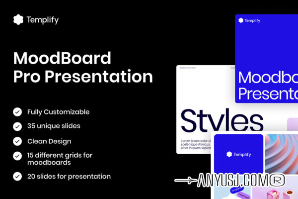 35页专业极简UI项目提案设计展示演示文稿Figma幻灯片排版设计模板MoodBoard Pro Presentation Deck-第6282期-