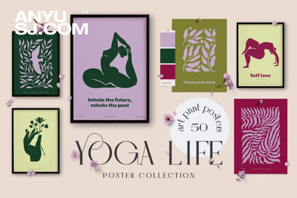 优雅手绘瑜伽女性植物树叶艺术图形AI矢量插画插图海报设计套装Nature Life & Yoga Prints Posters-第6638期-
