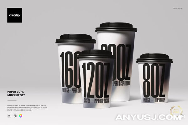 6款极简多规格咖啡杯纸杯奶茶饮料外卖杯效果图设计展示PSD样机Paper Cups Mockup Set-第6663期-