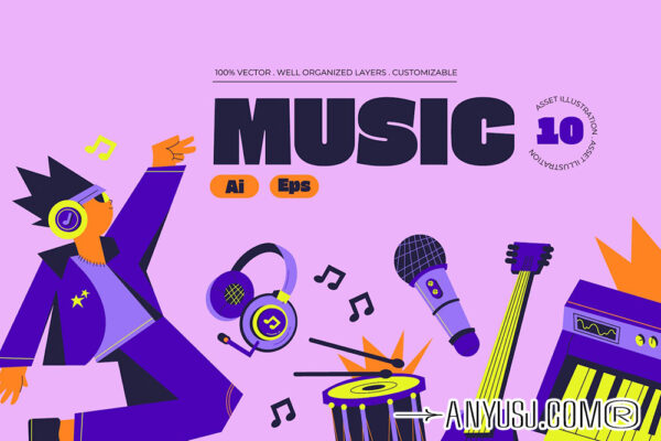 10款音乐节演出演唱会乐器吉他话筒耳机AI矢量手绘插画设计套装Pink Flat Design Music Illustration Set