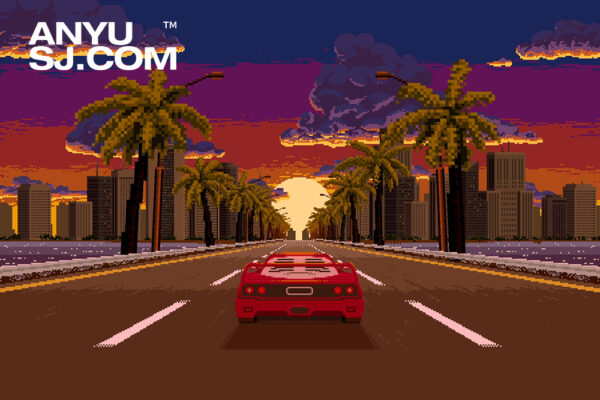 复古像素艺术日落汽车行驶高速公路无缝循环2D背景动画MP4视频Pixel Art Car Driving A Highway Loop