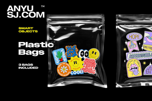 3款极简透明塑料包装袋自封袋贴纸logo徽标设计PSD样机Plastic Bags Mockup