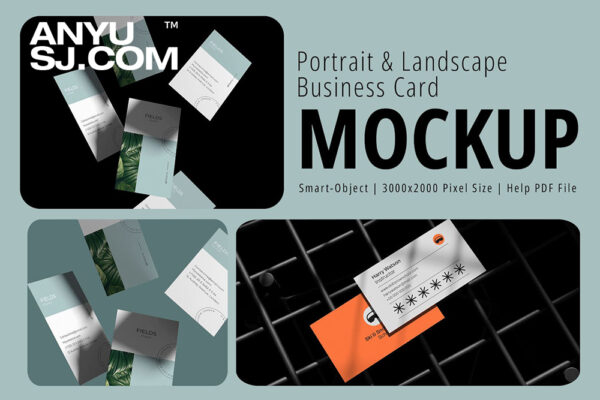 2款极简洒落散落名片卡片设计展示PSD样机Portrait and Landscape Business Card Mockup