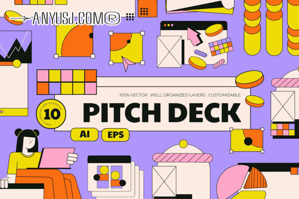 10款趣味手绘卡通UI设计流程AI矢量插画贴纸插图套装Purple Flat Design Pitch Deck illustration Set-第6500期-