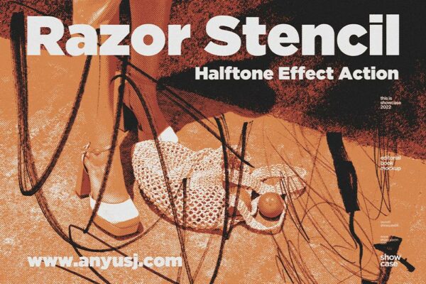 复古半调涂鸦喷漆街头艺术图像粗糙磨损PS特效动作插件设计套装Razor Stencil Halftone Effect Action