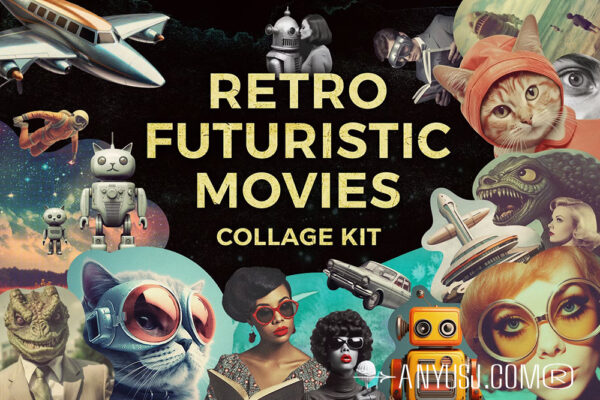 350+未来派复古创意电影拼贴艺术人物建筑机器人怪兽外星人剪贴画贴纸PNG元素设计套装Retro futuristic movies collage kit-第6506期-
