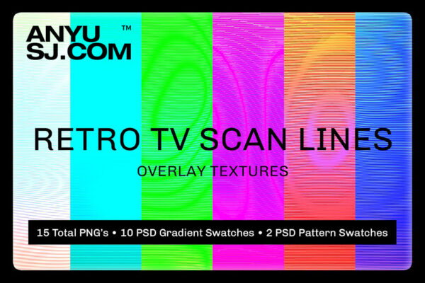 15款90年代复古老式TV电视机扭曲线条纹理肌理/PS渐变映射设计套装Retro TV Scan Lines-第6518期-