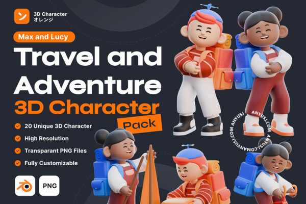 20款趣味3D立体旅行旅游野营远足度人物活动场景PNG免扣插画Blender模型设计套装Travel & Adventure 3D Character 3D Illustration Pack-第6624期-