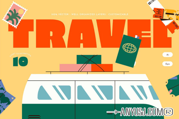 10款趣味卡通手绘旅游旅行度假AI矢量插画设计套装Yellow Flat Design Travel Illustration Set