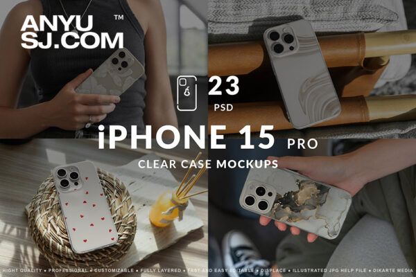 23款真实摄影IPhone 15 Pro手机壳手持设计展示PSD样机iPhone 15 Pro Clear Case Mockups