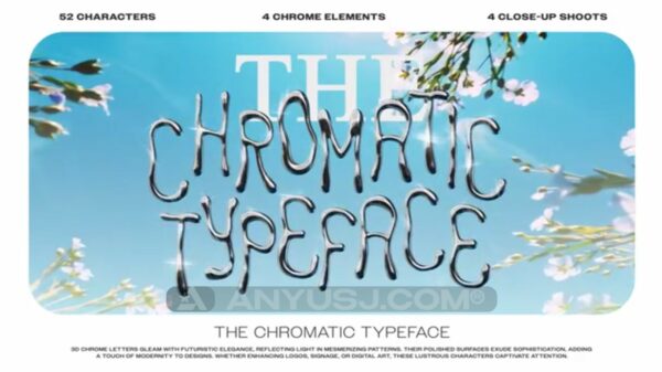 未来Y2K科幻3D液体金属镀铬大写英文字母数字标点符号动态AE装饰字体海报排版视频模板The Chromatic Typeface-第6460期-