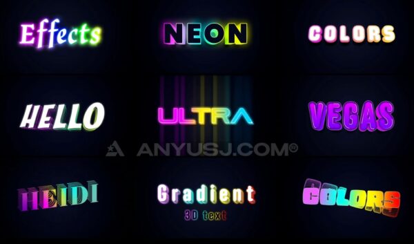 9款3D立体渐变霓虹灯发光字动态视频标题PR模板3D Gradient Text Effects