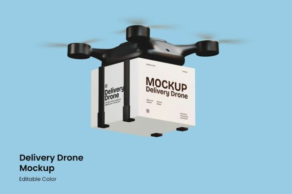 1款极简无人机送货配送物流快递纸箱包装盒纸盒PSD样机Delivery Drone Mockup