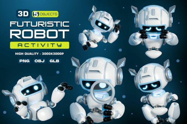 5款3D科技未来AI人工智能机器人拟人表情包UI插画插图PNG免扣图片OBJ模型设计套装Futuristic Robot Activity 3D Illustrations 01