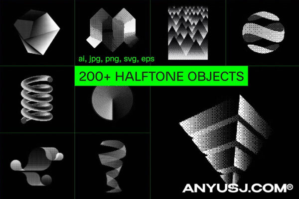 200+复古未来Y2K半色调位图像素颗粒抽象几何图形插画AI矢量PNG免扣套装200+ Halftone Bitmap Elements-第6880期-