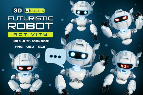 5款3D科技未来AI人工智能机器人拟人表情包UI插画插图PNG免扣图片OBJ模型设计套装Futuristic Robot Activity 3D Illustrations 03