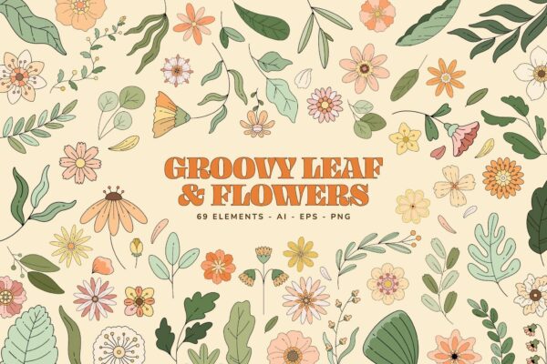 69款复古时髦手绘植物树叶花卉花朵AI矢量插画插图设计套装Retro Groovy Leaf and FLowers