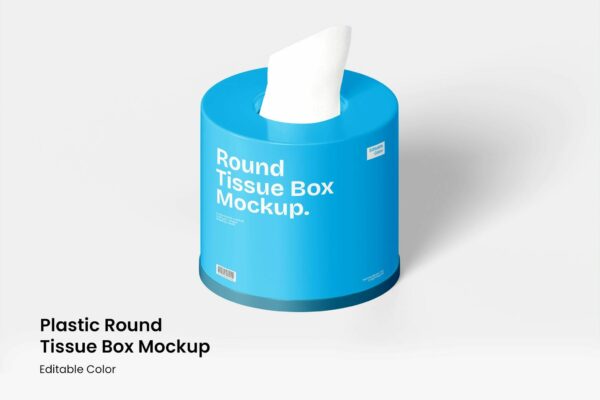 1款极简圆形塑料纸巾抽纸盒包装盒塑料桶PSD样机Plastic Round Tissue Box Mockup