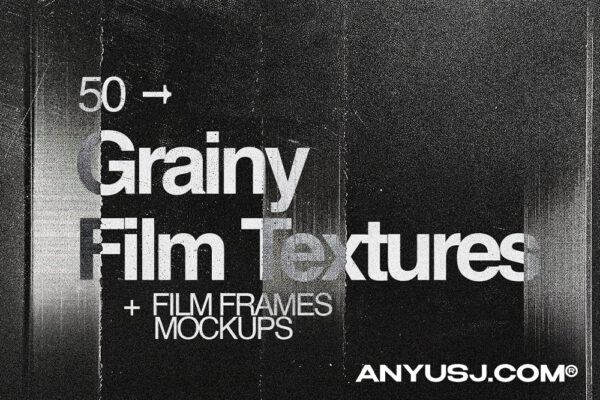 50款复古黑色颗粒噪点磨损打印塑料膜背景肌理+3款艺术特效样机设计套装50 Grainy Film Textures Frames Pack-第6881期-