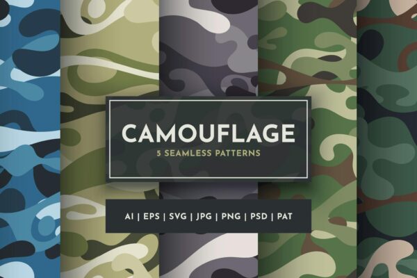 5款无缝迷彩图案AI矢量图形背景印花设计5 Camouflage Seamless Patterns