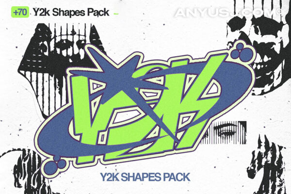 70+复古趣味Y2K半调插画插图印花AI矢量图形设计套装+70 Y2k Shapes Pack-第6729期-