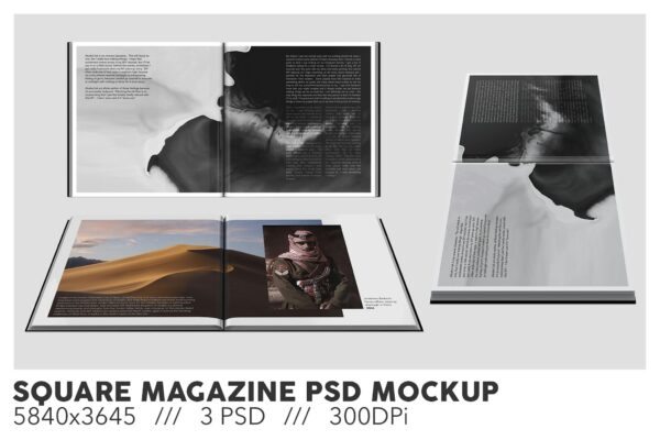 极简正方形笔记本画册书籍杂志内页设计展示PSD样机Square Magazine PSD Mockup