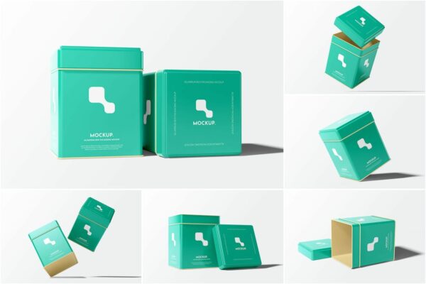 6款极简方形金属盒饼干盒礼盒茶叶盒包装盒天地盒PSD样机Aluminum Box Packaging Mockup