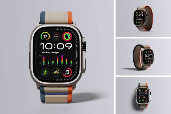 4款极简IWatch智能苹果手表表盘界面UI设计展示PSD样机Apple Watch Ultra Mockup