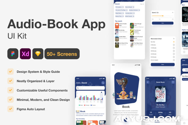 现代极简有声电子书听书在线看书APP移动应用小程序UI页面设计套件Audio Book & Ebook Mobile App UI Kit