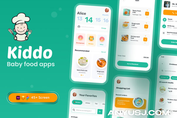 45+现代极简婴儿食品APP移动应用程序UI界面设计Figma套件Baby Food Apps UI Kit