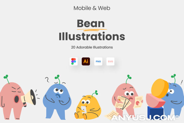 20款趣味可爱卡通手绘豌豆UI网站登录页面AI矢量插画插图设计套装Bean Illustrations