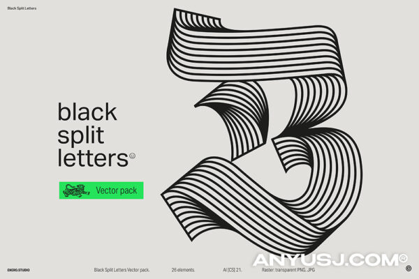 26款创意抽象线条英文大写字母AI矢量海报标题装饰字体图形PNG免扣设计套装BlacK Split Letters Vector Pack-第6782期-