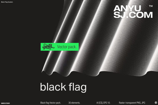 30款3D立体抽象艺术波浪线条网格旗帜AI矢量插画插图图形海报背景设计套装Black Flag Vector Pack-第6695期-