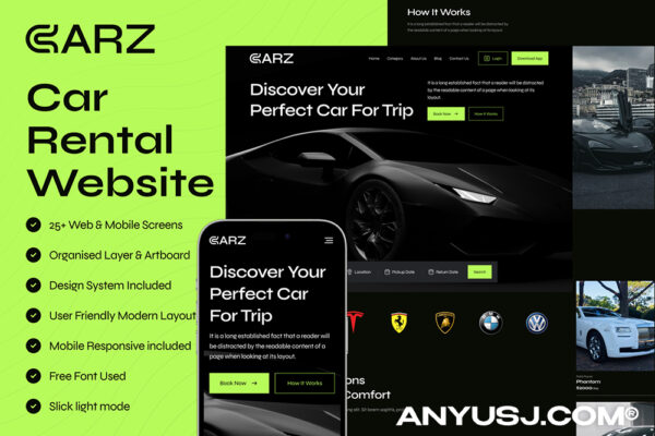 现代极简汽车租赁网站网页APP移动应用小程序UI界面设计套件CARZ – Car Rental Website UI Kit-第6848期-