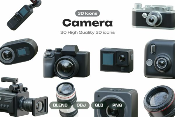 30款3D多类型相机摄影设备PNG免扣插画插图Blend模型icon图标设计套装Camera 3D Icons