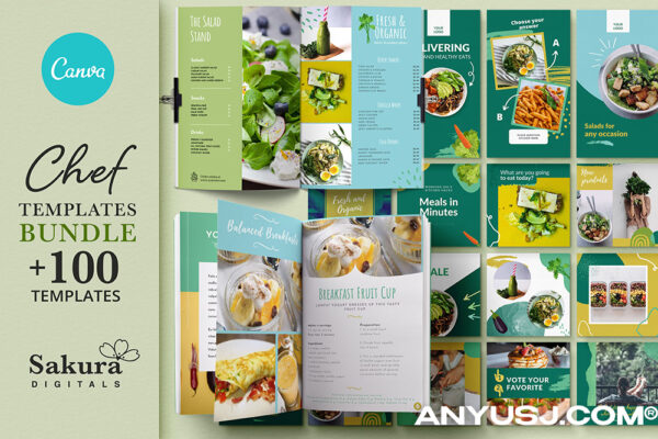 100+现代餐厅厨师菜单食谱书籍画册图文排版Canva在线设计模板套装Chef & Restaurant Templates Bundle