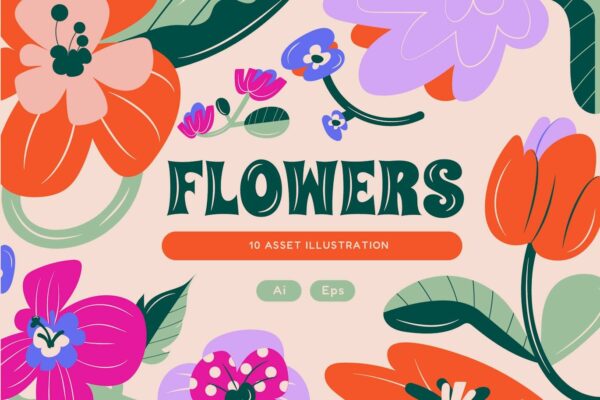 10款趣味卡通手绘花卉花朵AI矢量插画插图设计套装Cream Flat Design Flowers Illustration Set