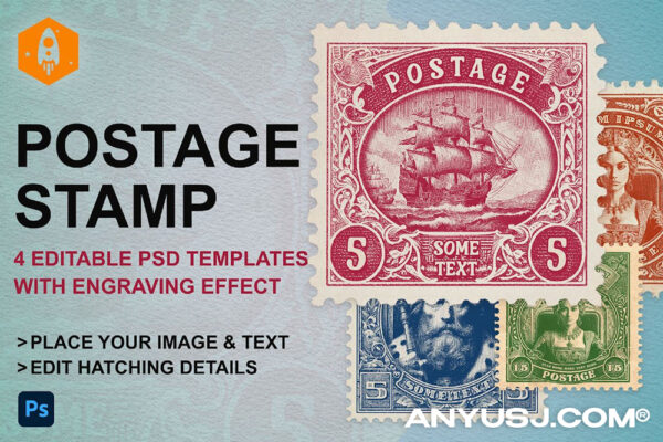 4款复古精致邮票插画logo图案设计展示PSD样机【附带雕刻印刷效果】Editabe Postage Stamp Templates with Engraving FX