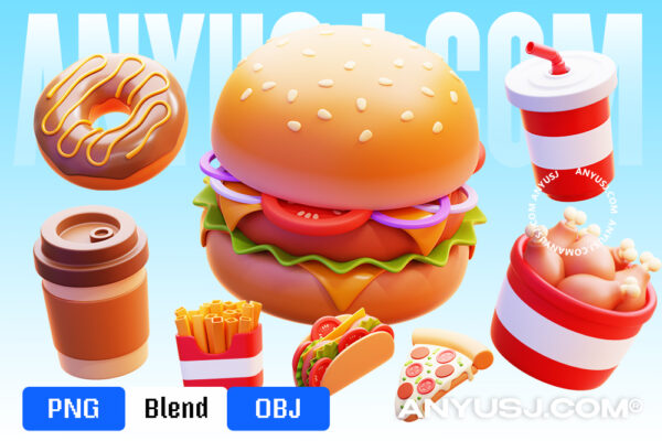 15款趣味卡通3D快餐汉堡薯条鸡腿咖啡可乐热狗三明治PNG免扣插画插图Blender模型设计套装FAST FOOD & JUNK FOOD-第6724期-