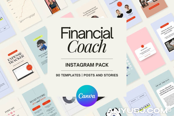 90款现代极简金融财产项目数据分析投资目标INS社交媒体排版品牌推广Canva在线模板套装Financial Coach Instagram Pack Canva