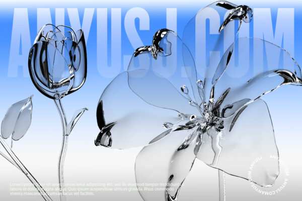 14款3D透明玻璃水晶名花花朵花卉植物PNG免扣插画插图元素OBJ模型设计套装Glass Famous Flower 3D Icon Pack-第6746期-