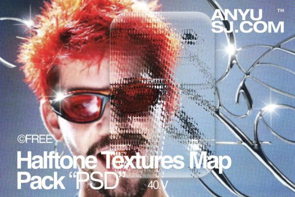 40款半调复古PS玻璃特效肌理纹理叠加法线曲线PSD贴图套装Halftone Textures Map Pack-第6730期-