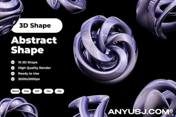 10款3D抽象几何艺术金属镀铬蓝紫色图形插画形状PNG免扣插画模型设计套装Irisdencet blue 3D Abstract Shape