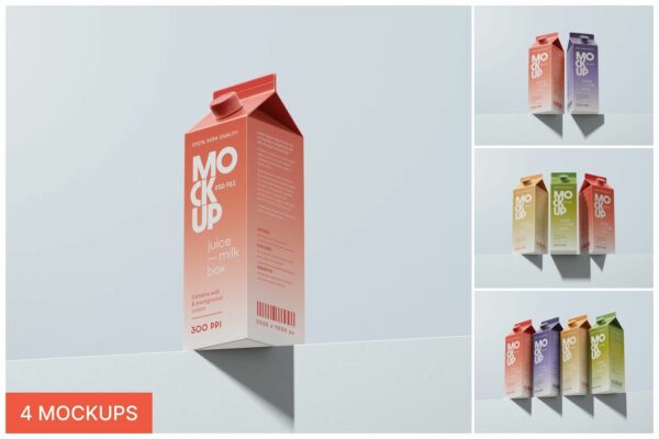 4款极简果汁牛奶饮料纸质包装盒包装设计展示PSD样机Juice Box Packaging Mockup Set
