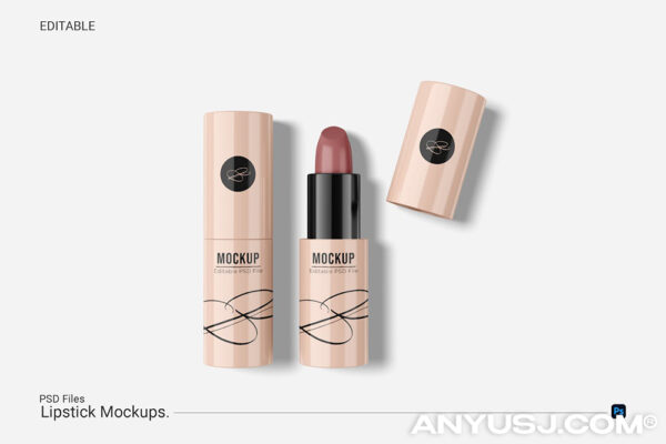 高档精致口红唇蜜唇膏化妆品美妆塑料管包装设计展示效果图PSD样机Lipstick Mockup