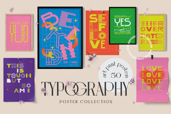 50款520情人节爱情系列多样化英文艺术字体特效AI矢量海报排版设计套装Love Typography Prints Posters-第6819期-